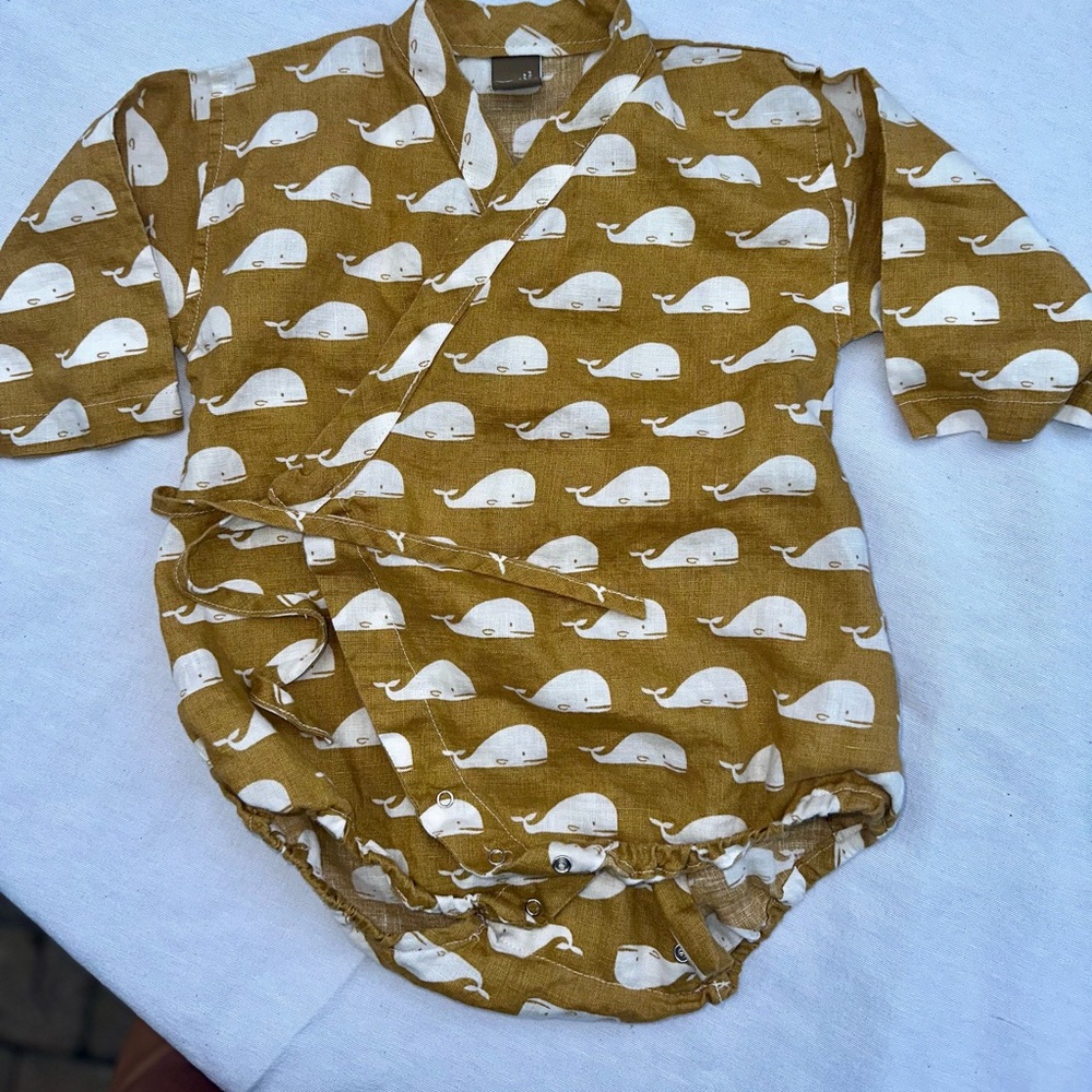 Yellow and White Bodysuit One Piece with Whale Pattern